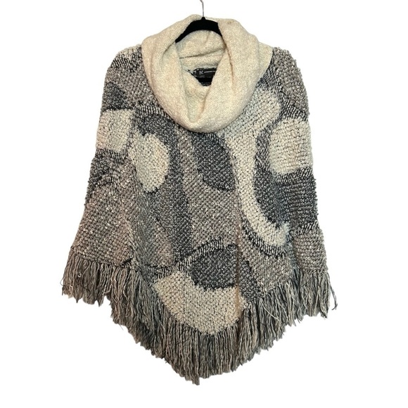 I.N.C.International Concepts Gray White Tan Knit Wool Alpaca Blend Fringe Poncho - Picture 2 of 16